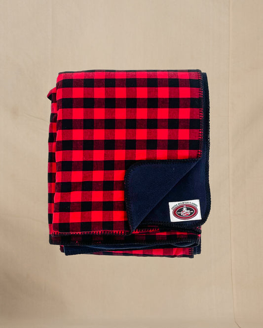 Green Mountain Flannel Throw Red & Black Buffalo squares with black fleece lining open corner view