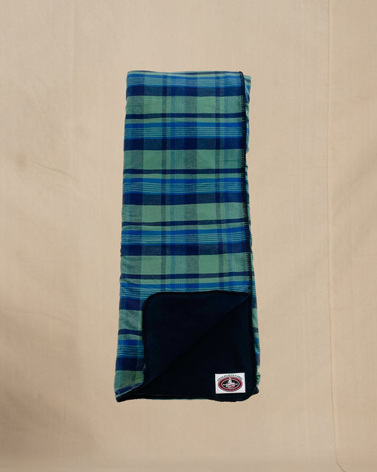 Green Mountain Flannel Throw Royal Navy & Green stripes with black fleece lining open corner view