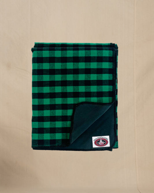 Green Mountain Flannel Throw Green & Black 1 inch buffalo squares with black fleece lining open corner view