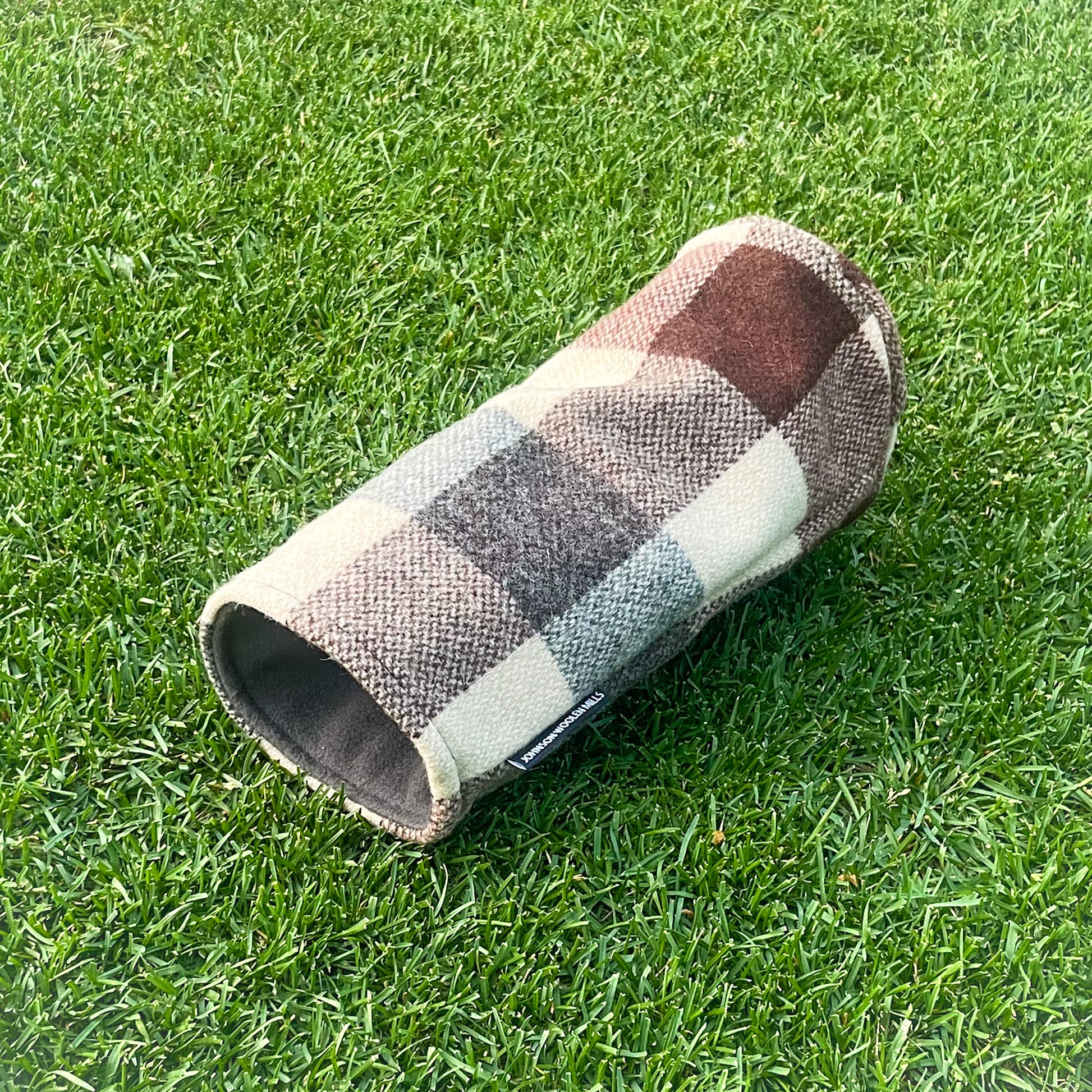 Brown Buffalo check wool driver headcover shown with interior fleece lining