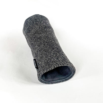 Gray tweed wool driver headcover shown with fleece lining