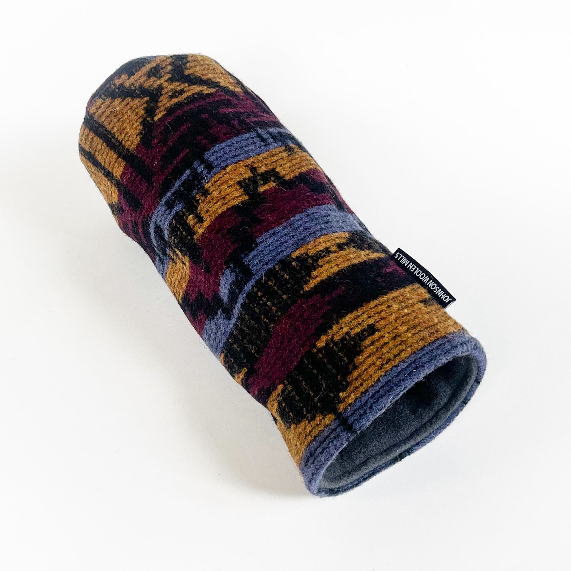 red, blue, yellow and black geometric print wool driver headcover on side with fleece lining
