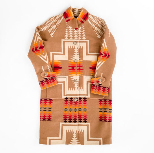 Pendleton wool women's blanket coat - tan with orange, yellow, red and brown geometric print