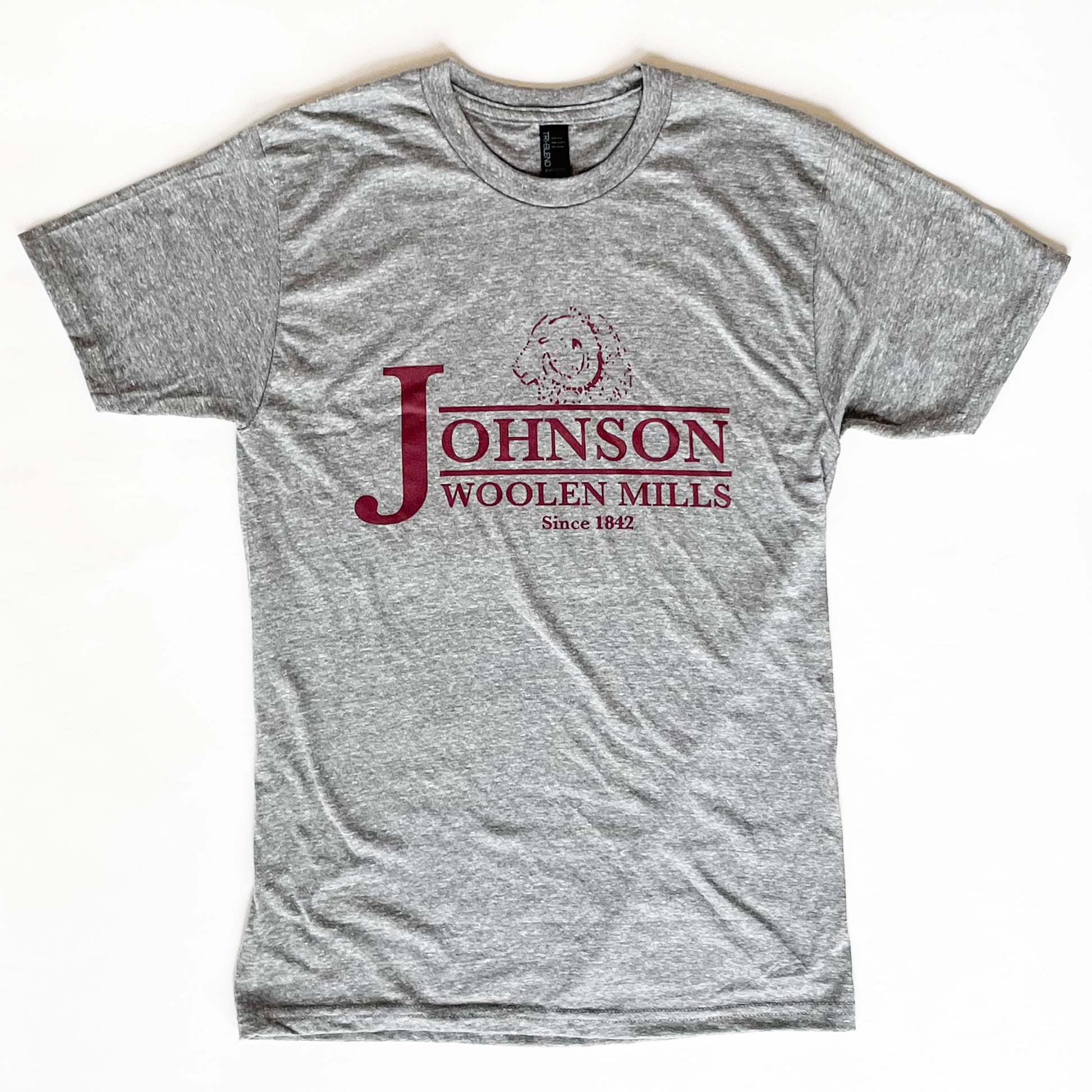 Johnson woolen mills gray T-shirt with burgundy logo