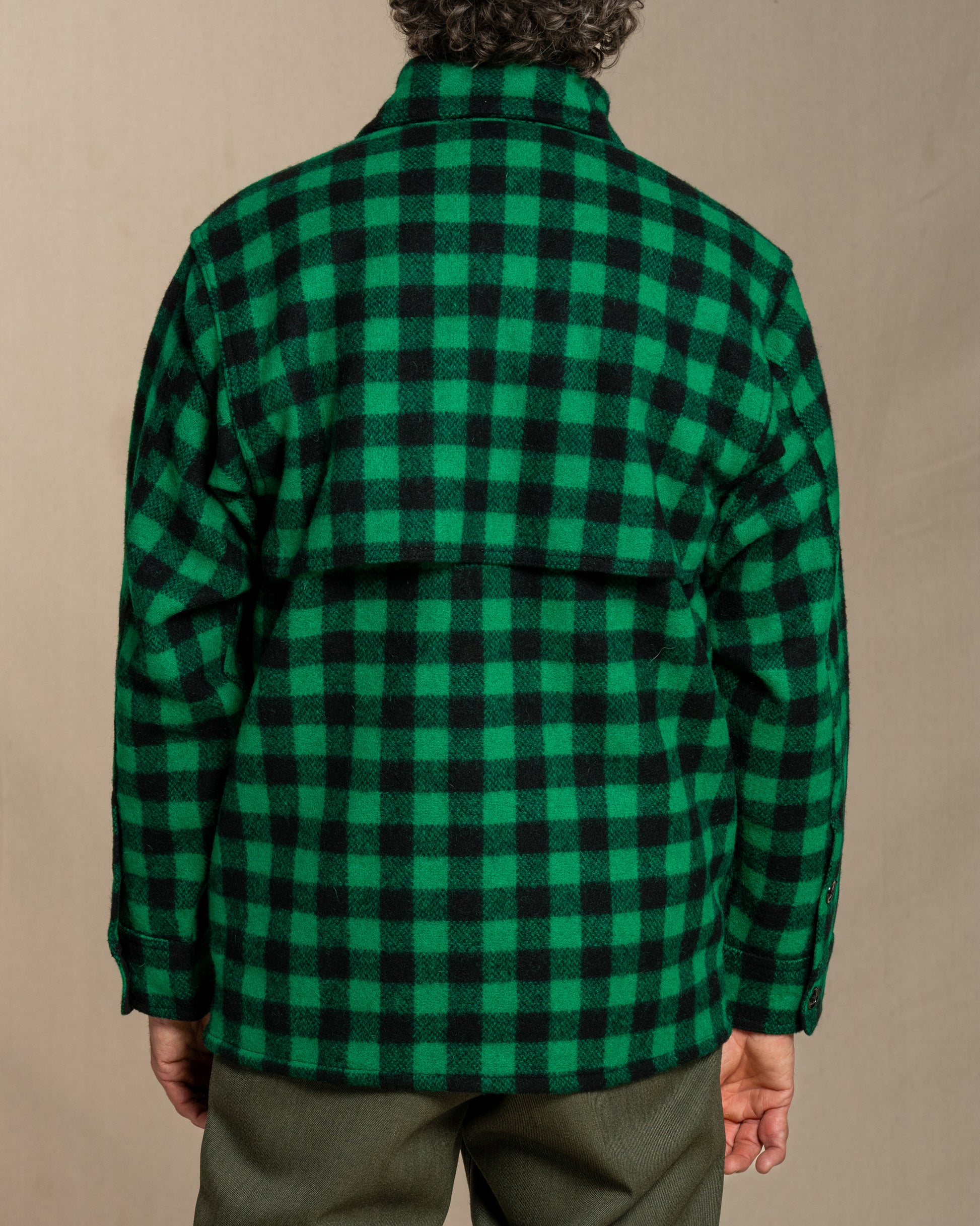 Green and black checkered shirt worn by a person on a beige background