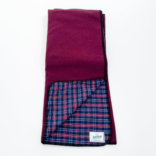 Johnson Woolen Mills Throw Flannel Lined Blanket purple outside & old glory color inside opened view