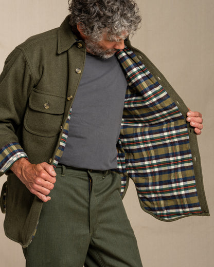 Man wearing a loden wool shirt with plaid flannel lining against a beige background