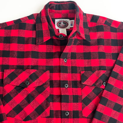 Red and black buffalo check flannel button down shirt collar detail