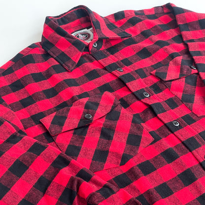 Red and black buffalo check flannel button down shirt front pocket detail