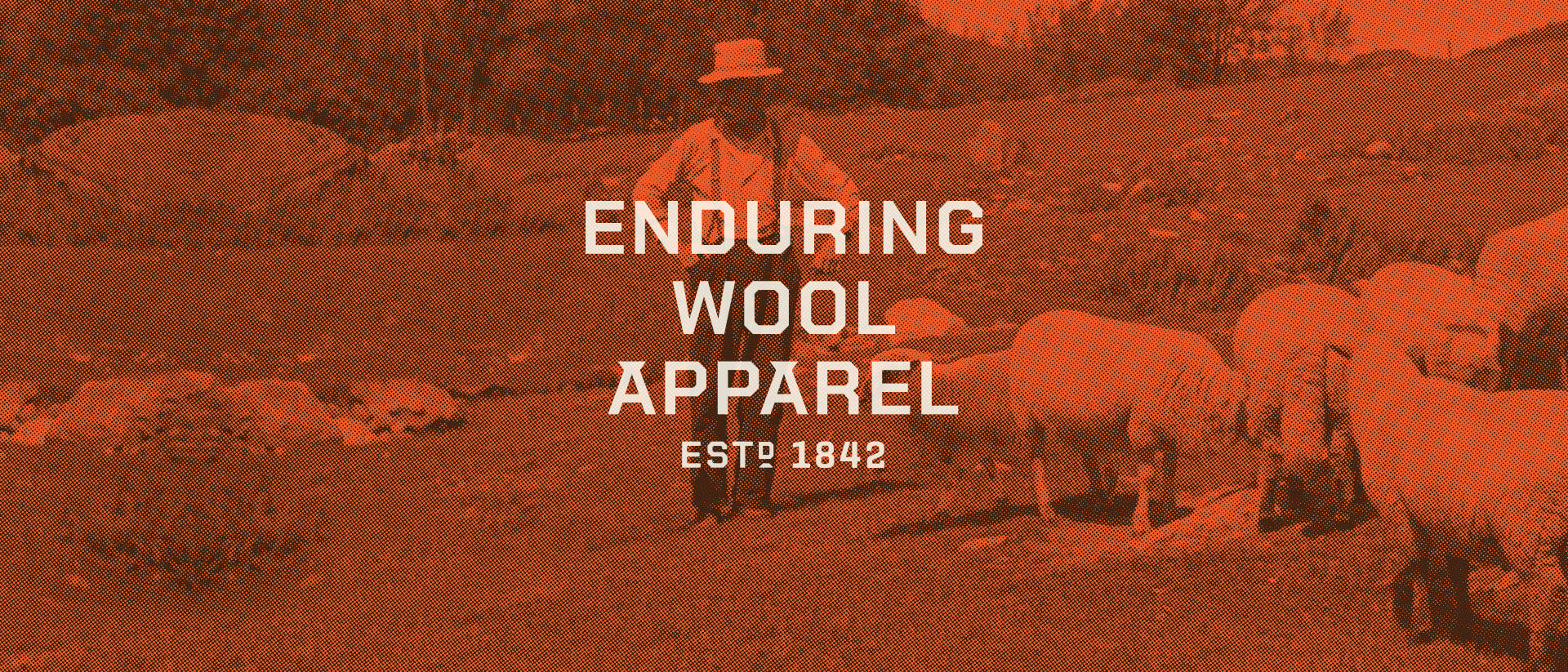 Man with a hat standing among sheep in a field with 'Enduring Wool Apparel' text overlay.
