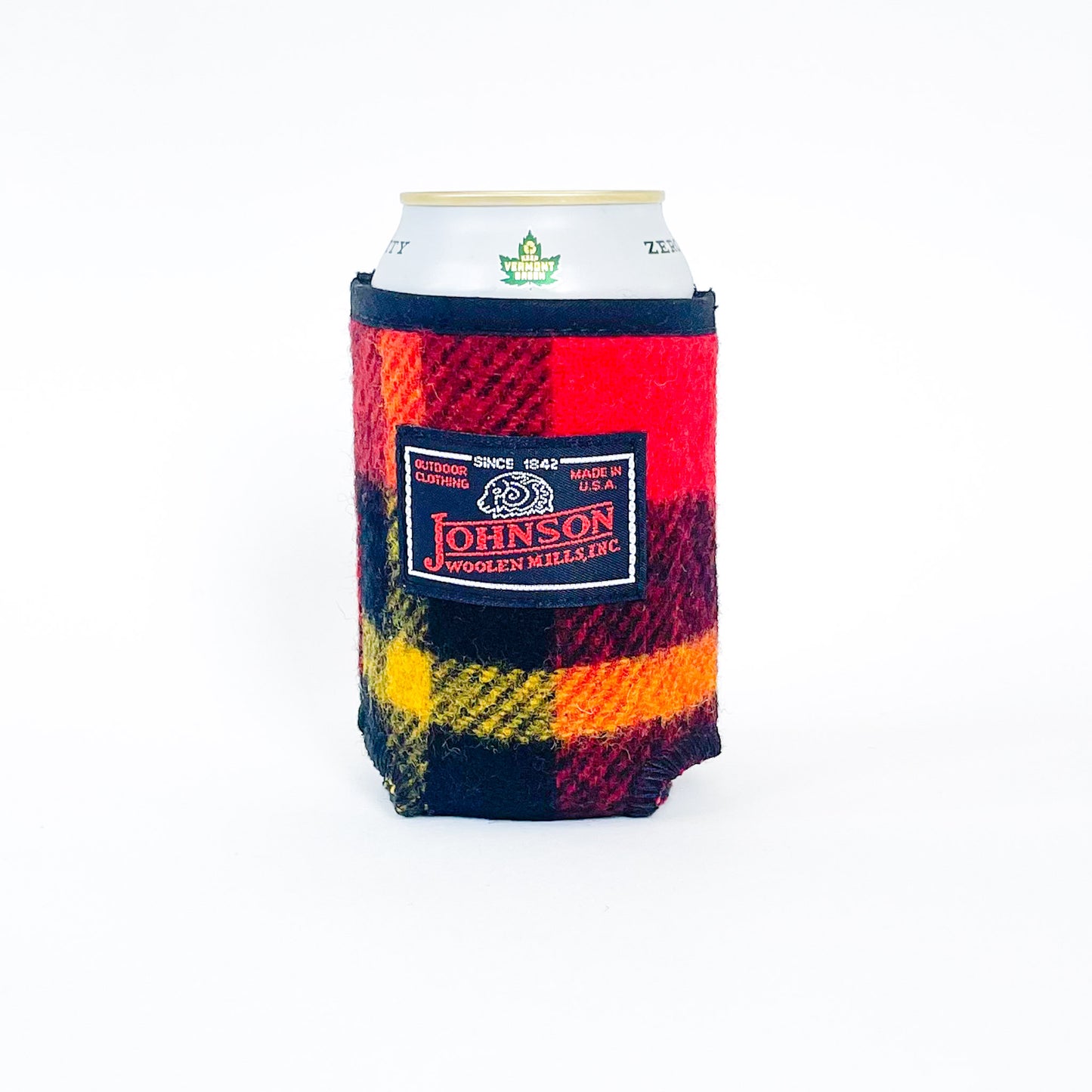 Johnson Woolen Mills bright red yellow and green plaid koozie