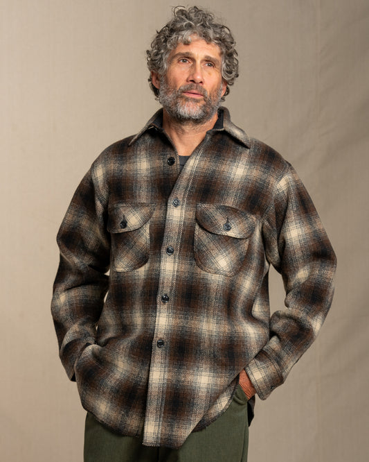 Man wearing a plaid wool shirt and green pants against a plain background