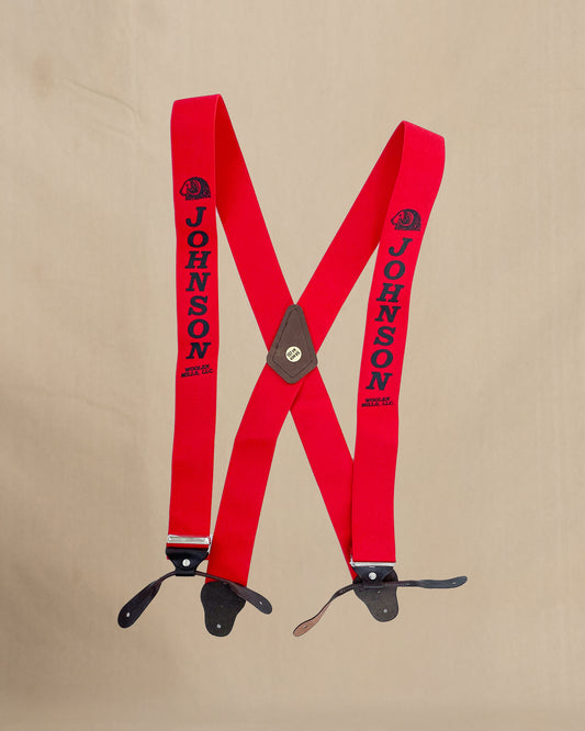 Johnson Woolen Mills red suspenders with black BUTTON clasps and JWM logo 