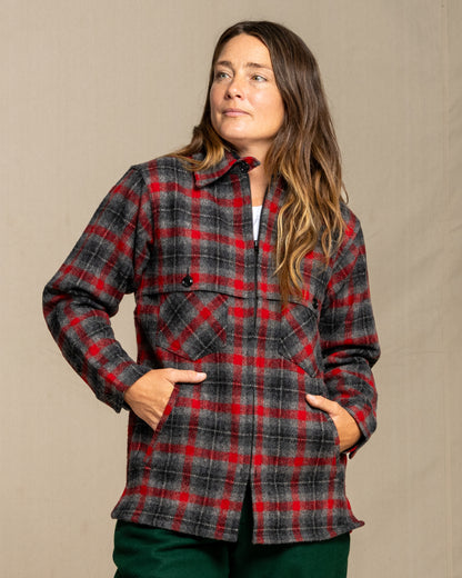 Person wearing a red and gray plaid wool jacket against a beige background