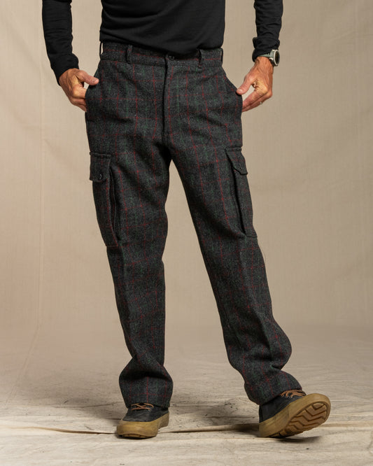 Person wearing Adirondack plaid cargo pants on a canvas background