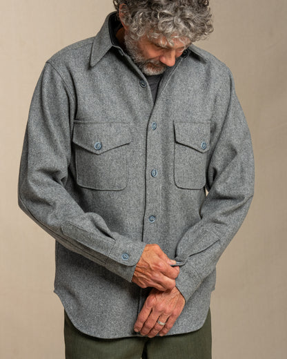 Gray wool button down shirt on man