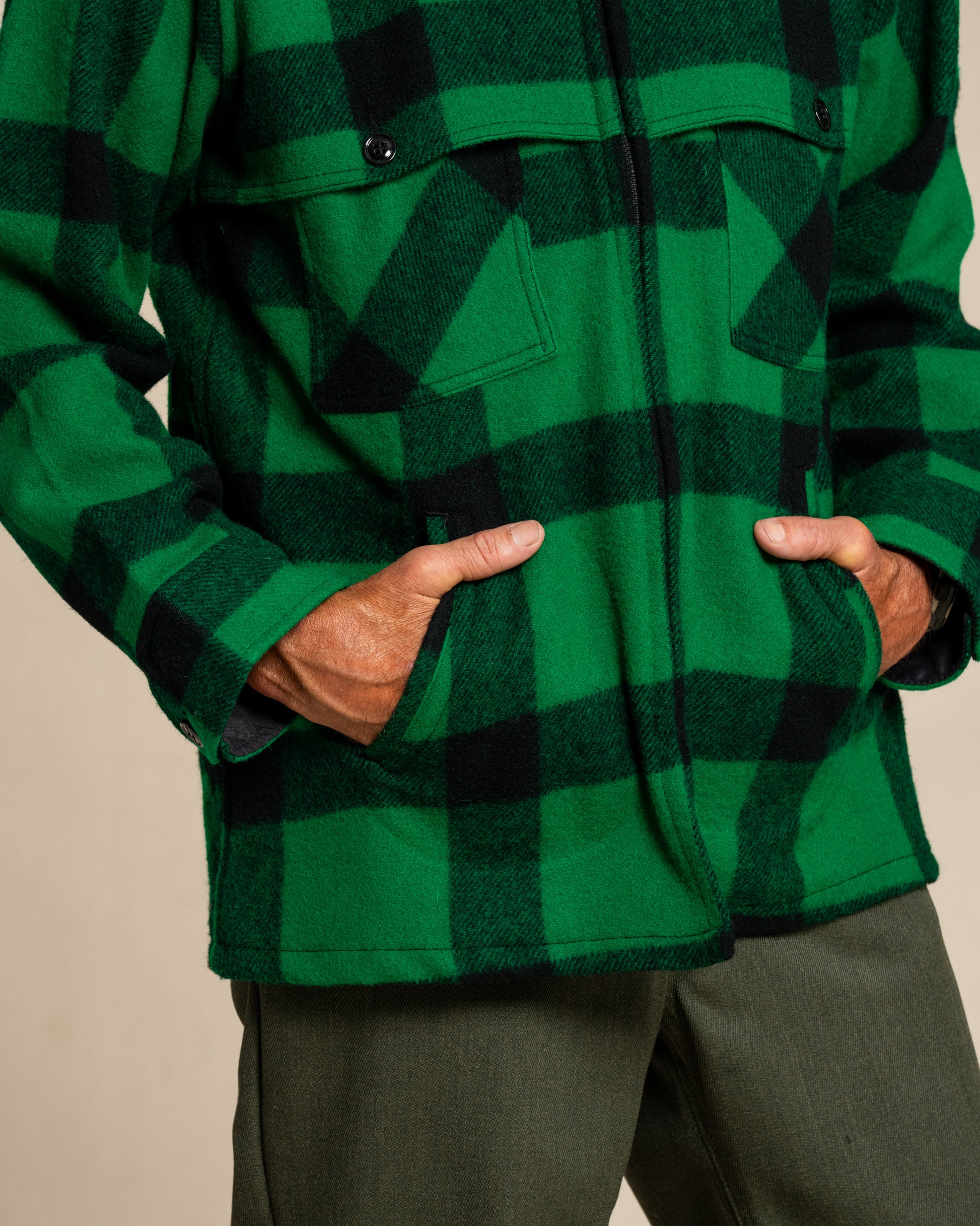 Johnson Woolen Mills Cruiser jacket in Green and black buffalo check 