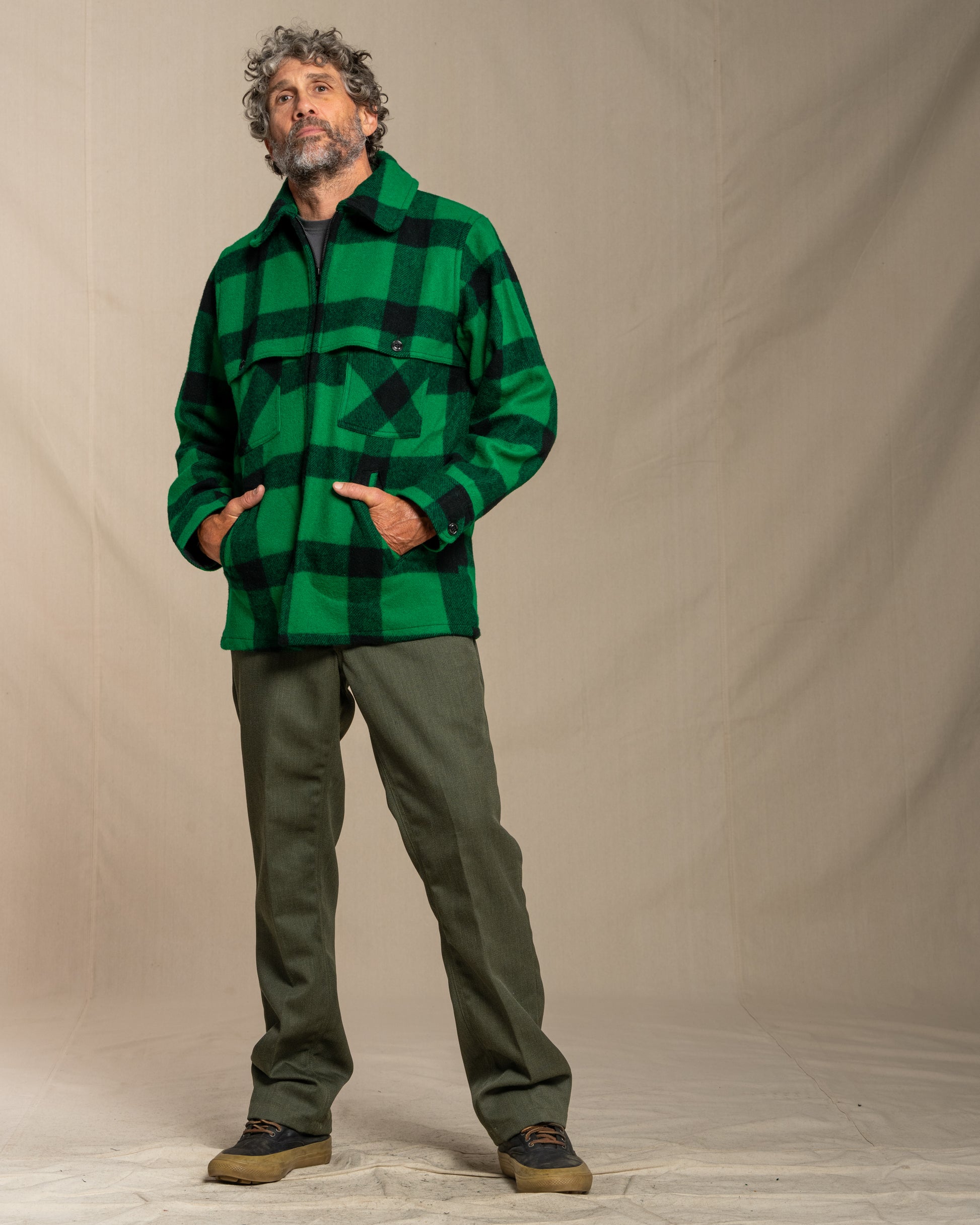 Johnson Woolen Mills Cruiser jacket in Green and black buffalo check 