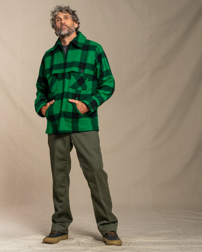 Johnson Woolen Mills Cruiser jacket in Green and black buffalo check 