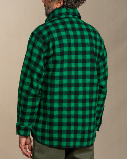 Person wearing a green and black checkered shirt against a beige background