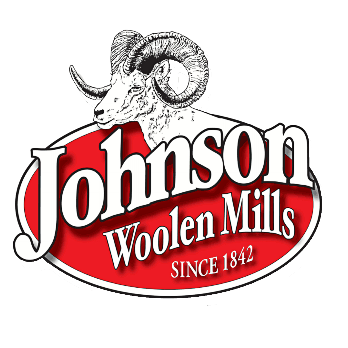 Johnson Woolen Mills logo, red background with white letters & white ram image