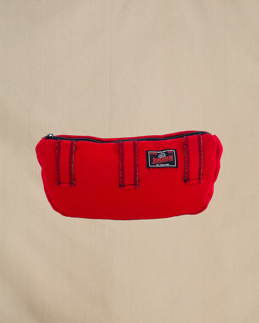 Wool sidewinder - bag with zipped closure and belt loops for wearing on your waist. Shown in scarlett. Back view