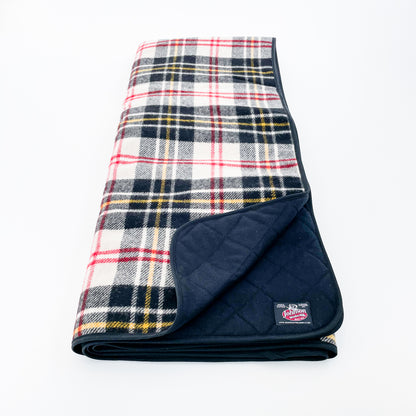 Johnson Woolen Mills Throw Flannel Lined Blanket black/white/yellow/red plaid outside & blue lining inside opened view