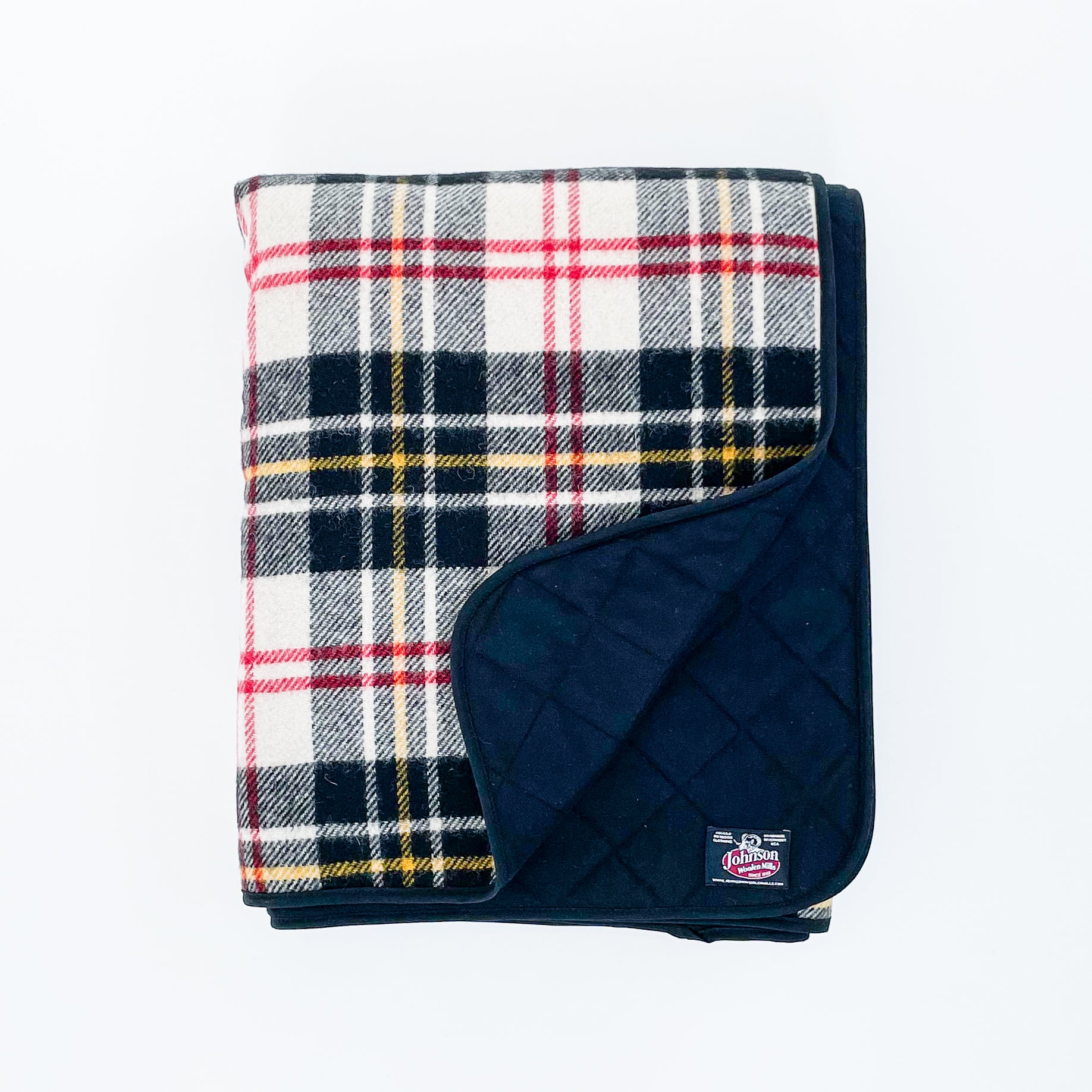 Johnson Woolen Mills Throw Flannel Lined Blanket black/white/yellow/red plaid outside & blue lining inside opened view folded