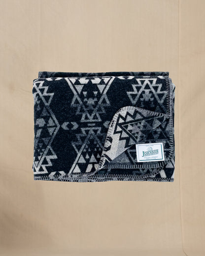 Johnson Woolen Mills throw - black, gray, white native American print, folded