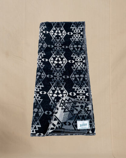 Johnson Woolen Mills throw - black, gray, white native American print, folded long