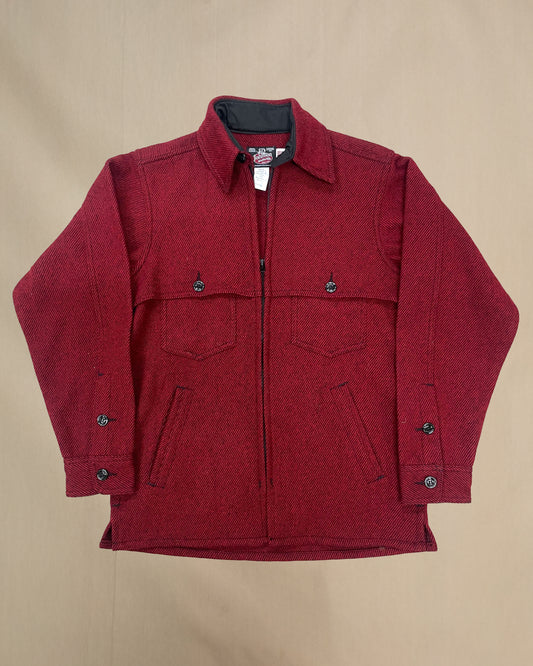 Wool jac shirt with full zipper, two chest pockets and two lower slash pockets. Shown in wine twill