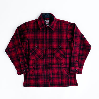 Double cape wool jac shirt - red and black muted plaid, front view