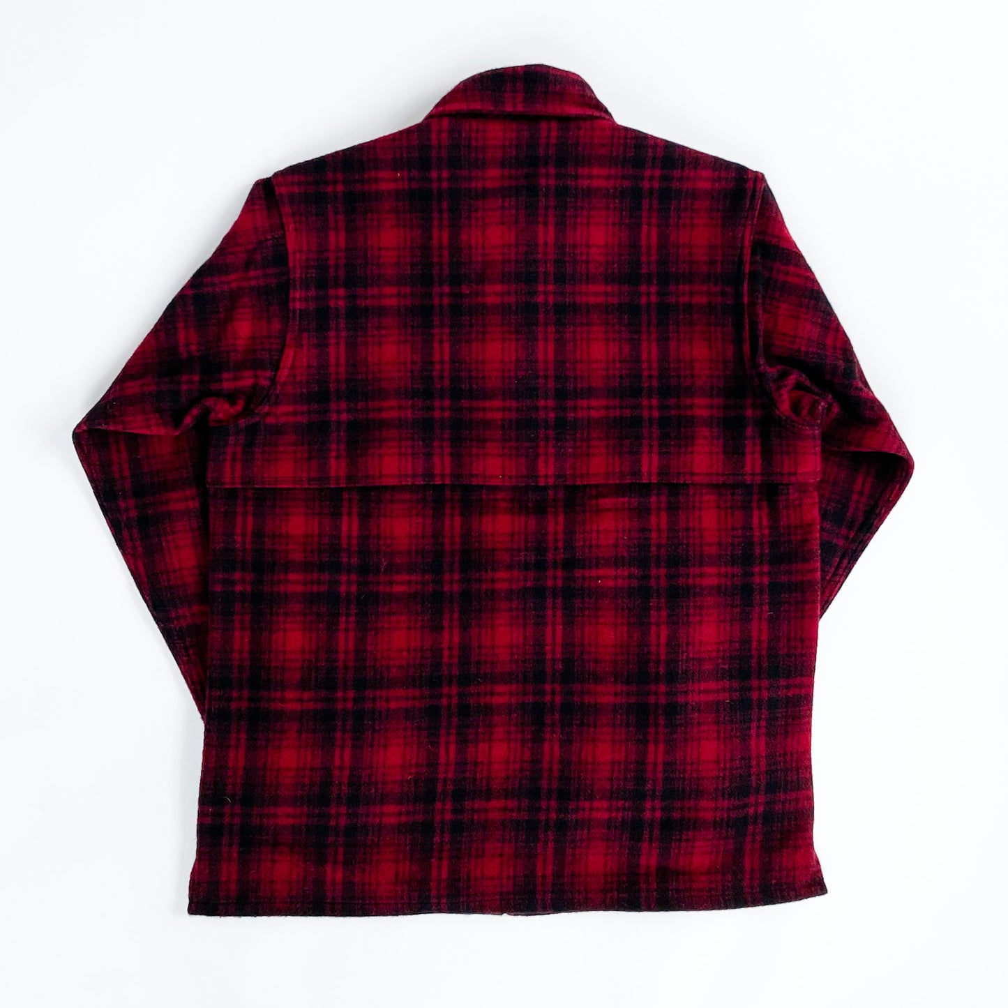 Double cape wool jac shirt - red and black muted plaid, back view