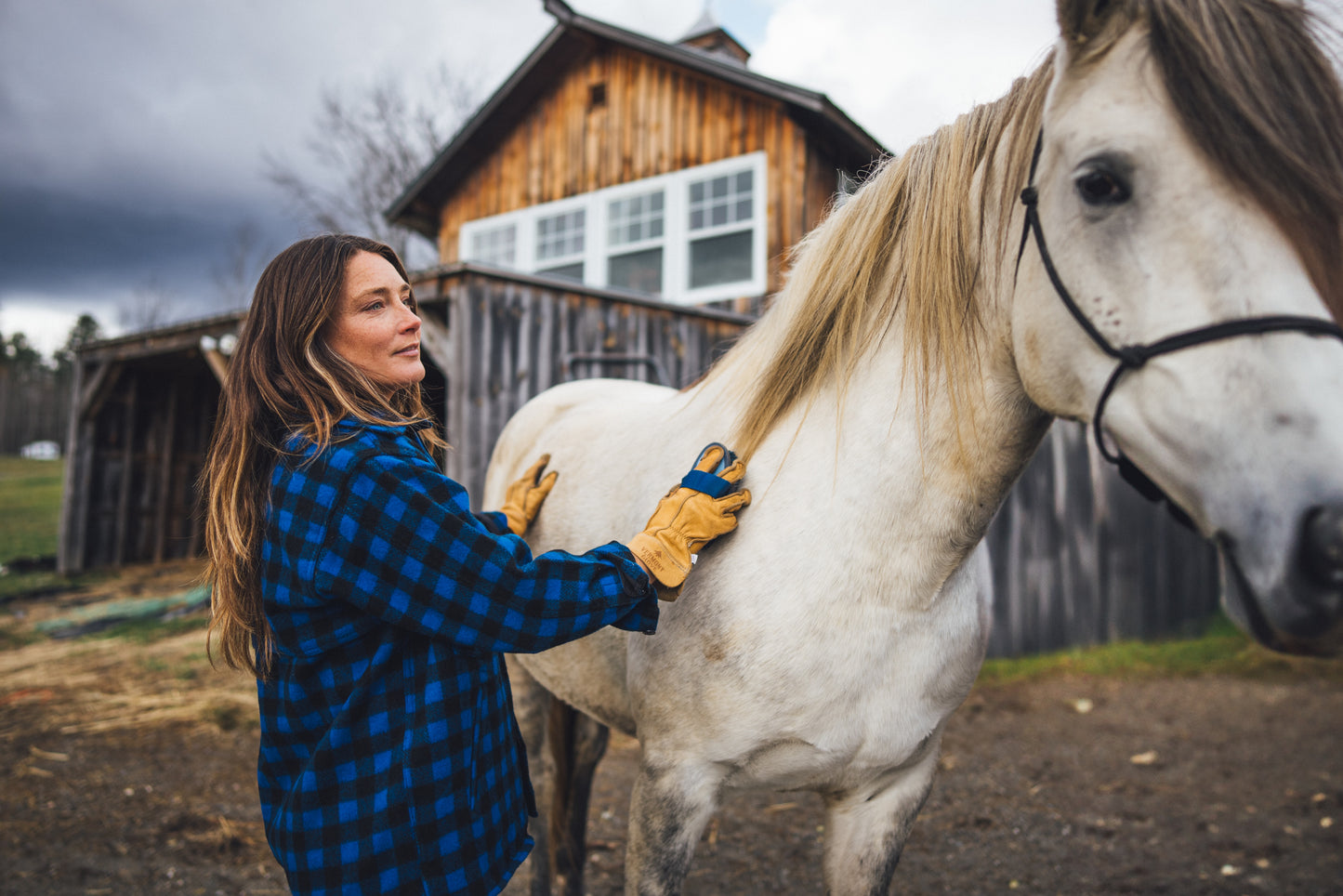 A woman in a blue and black plaid shirt and yellow gloves pets a white horse in an outdoor barn setting.