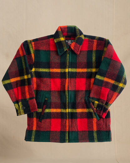 Children's Plaid shirt with red, green, and orange pattern on a beige background