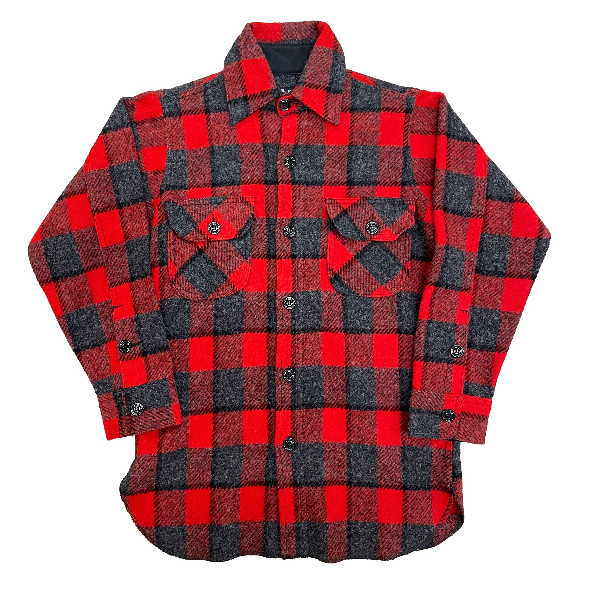 Long tail wool button down shirt in red ad gray plaid