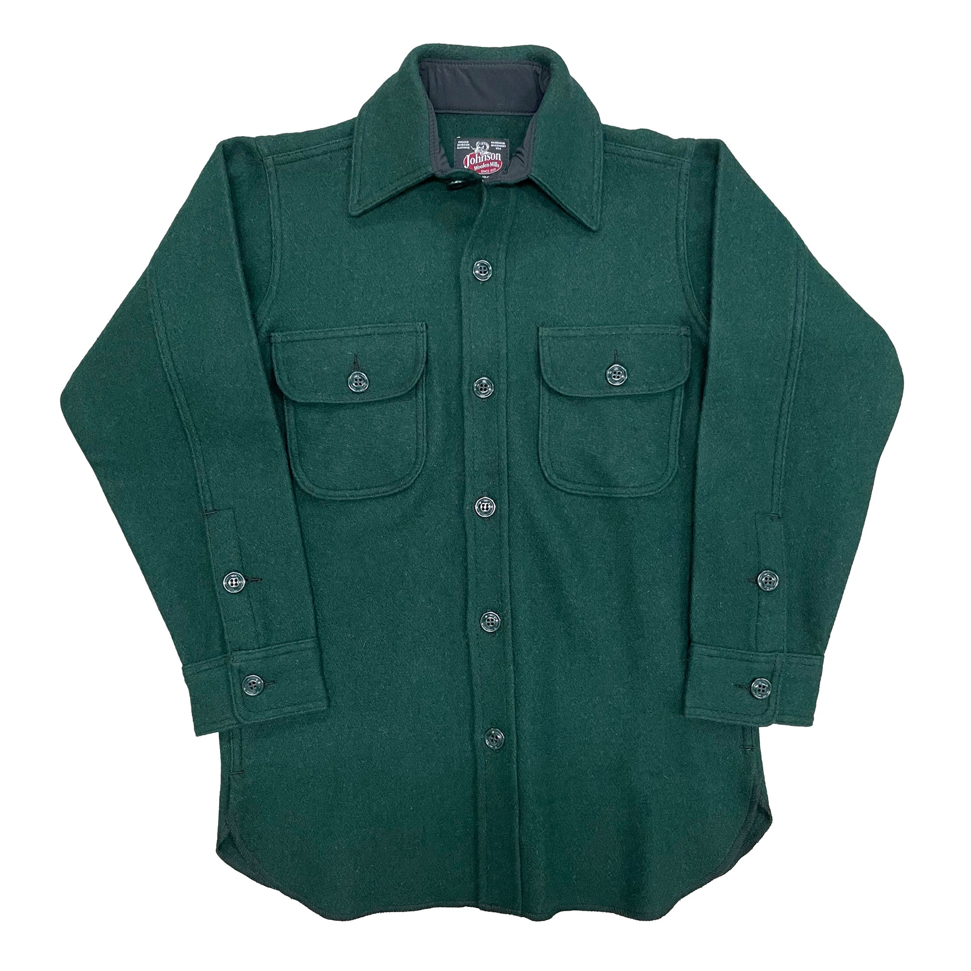 Long Tail Button Down long sleeve wool shirt with a 6 button front, button cuffs and two front chest pockets. in spruce green.
