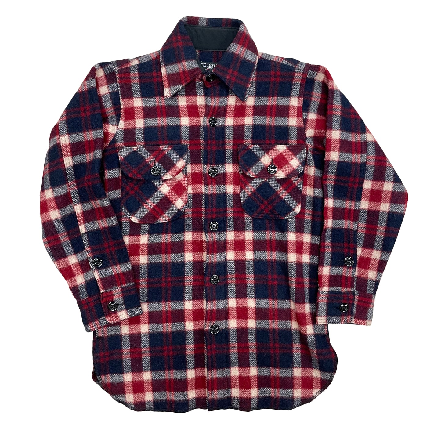 Long Tail Button Down long sleeve wool shirt with a 6 button front, button cuffs and two front chest pockets. Shown in red, white and blue plaid.