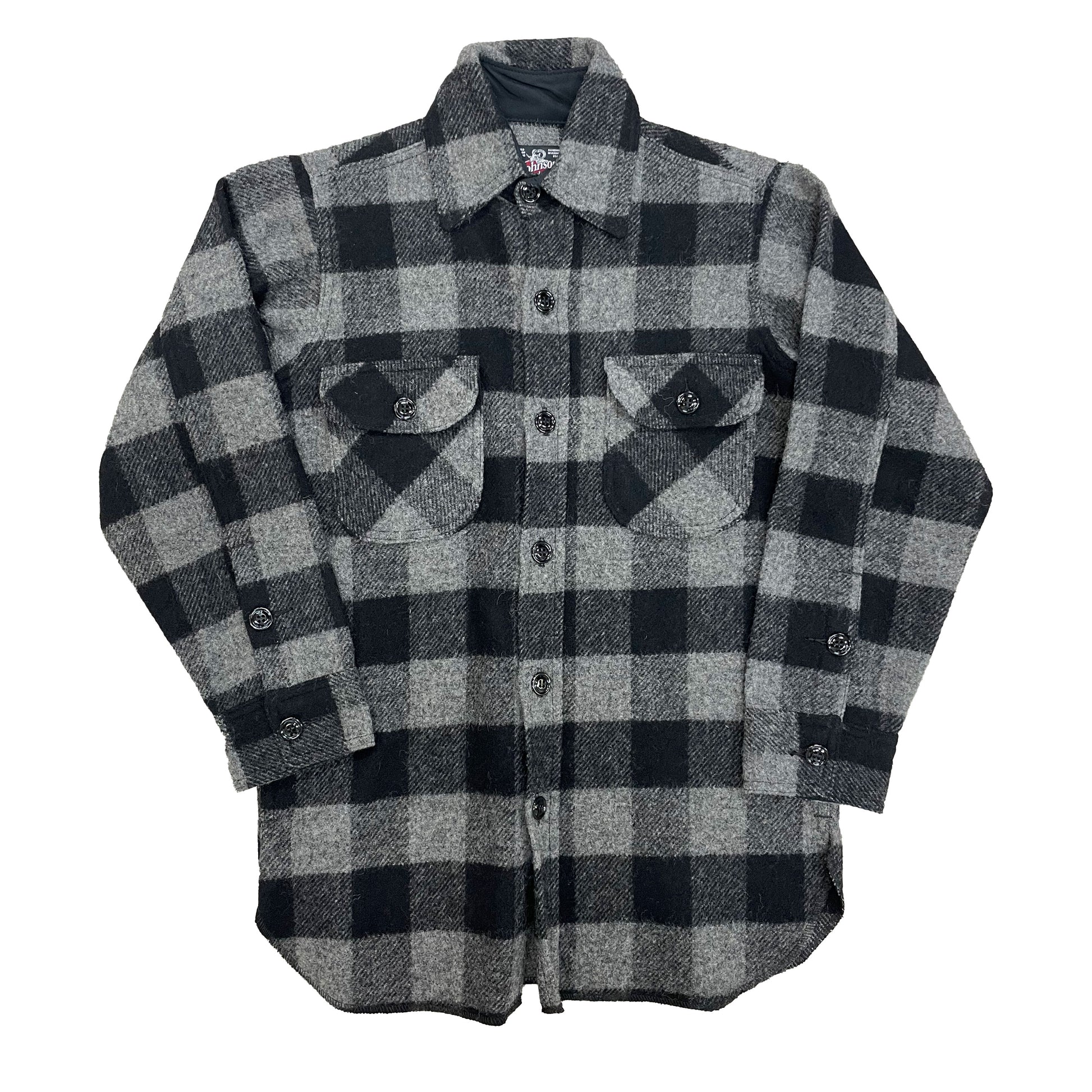 Long Tail Button Down long sleeve wool shirt with a 6 button front, button cuffs and two front chest pockets. Shown in gray and black 2 inch buffalo plaid.