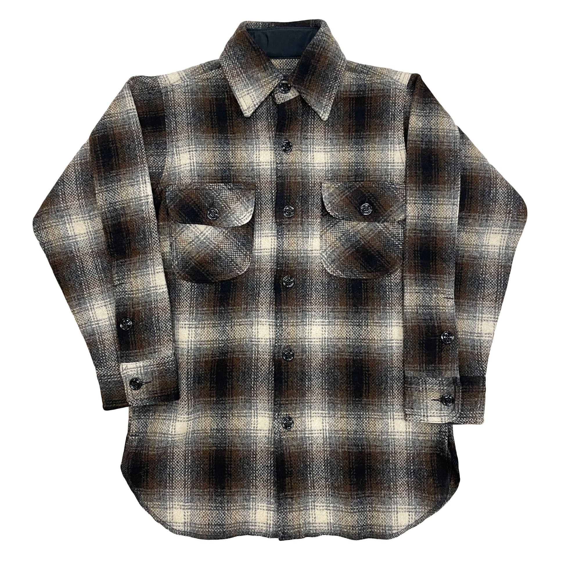 Long Tail Button Down long sleeve wool shirt with a 6 button front, button cuffs and two front chest pockets. Shown in gray, brown and black muted plaid