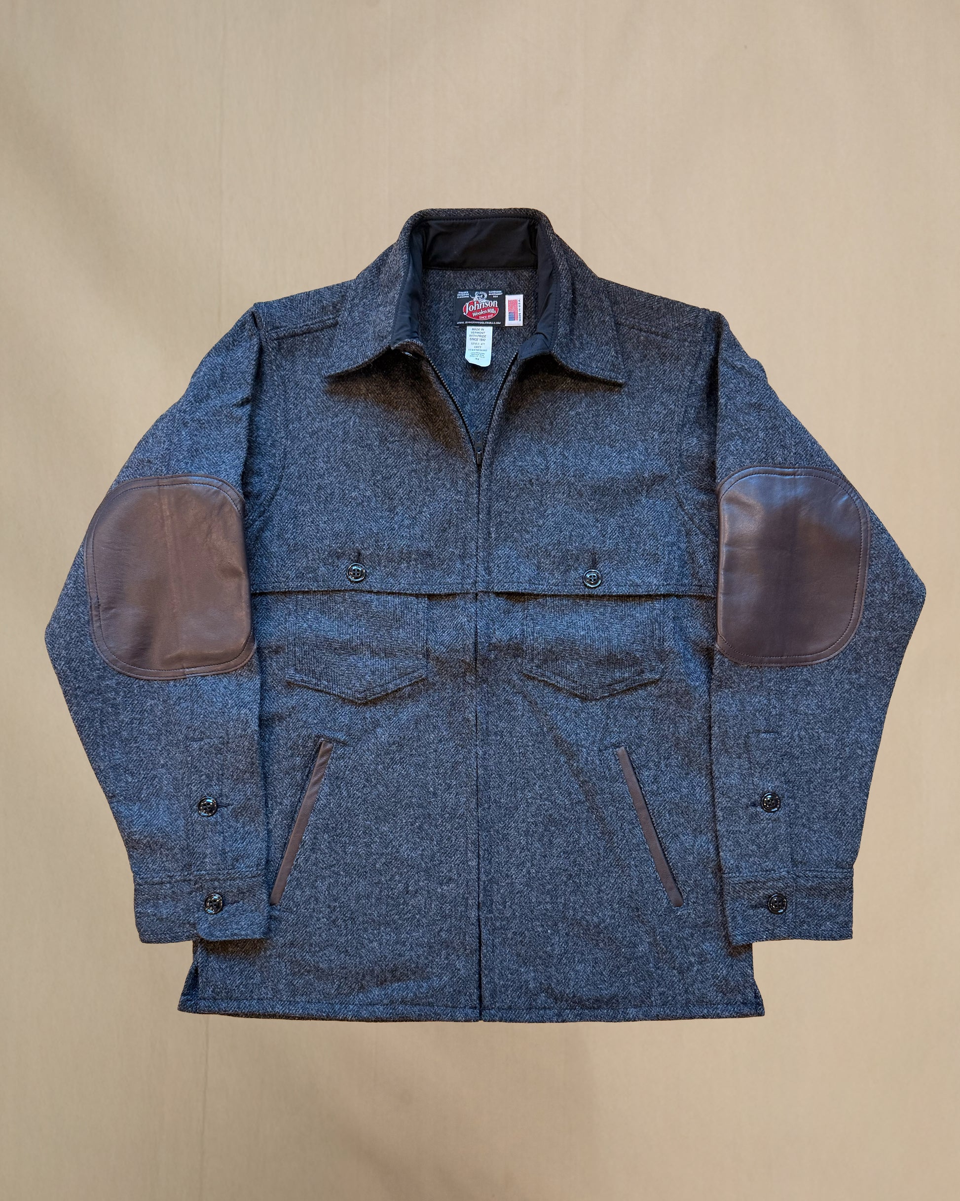 Gray herringbone double cape jac shirt with leather  pocket detail and elbow pads