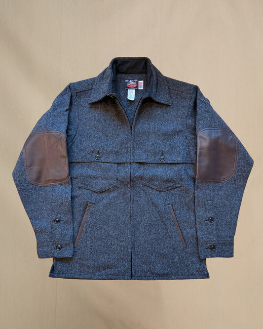 Gray herringbone double cape jac shirt with leather  pocket detail and elbow pads