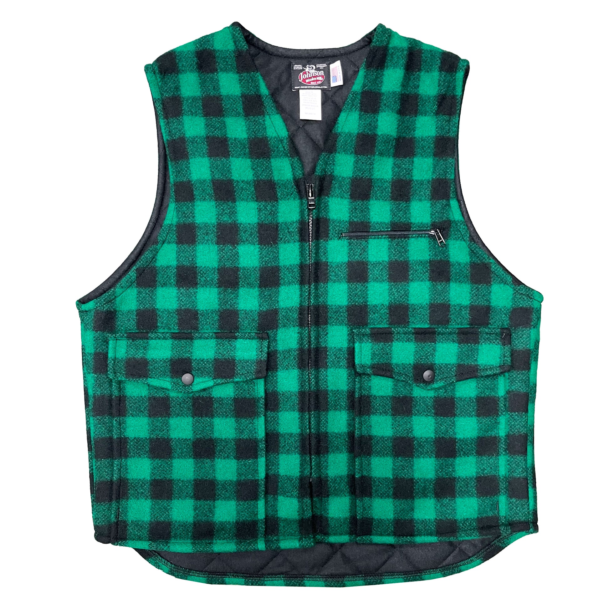 Vest with tricot lining, green & black buffalo check, zipper front, two large pockets and chest pocket, front view