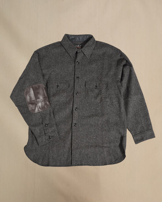 Long Tail wool shirt in gray herringbone with leather elbow patches