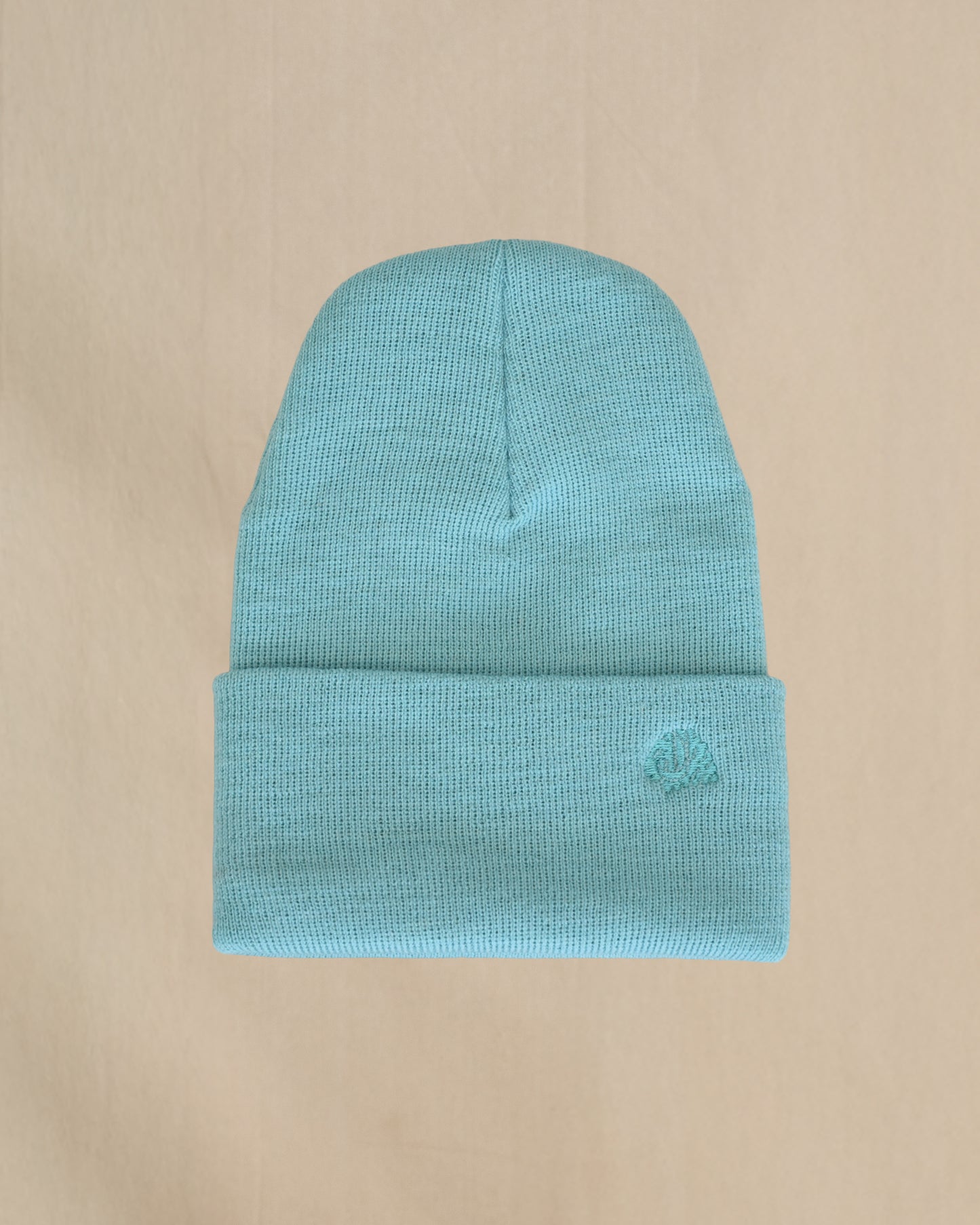 Merino Wool canal blue beanie with a embroidered sheep on a beige background