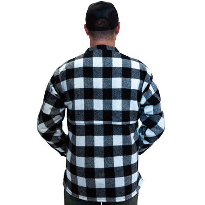 Johnson Woolen Mills northwoods x 1842 white and black buffalo check wool hunting jac shirt on model showing rear