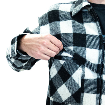Johnson Woolen Mills northwoods x 1842 white and black buffalo check wool hunting jac shirt exterior front pocket