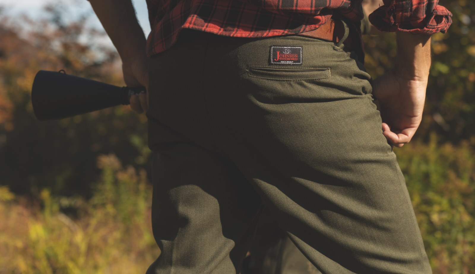 Back pocket of Northwoods X 1842 Wool Pants on model in the woods
