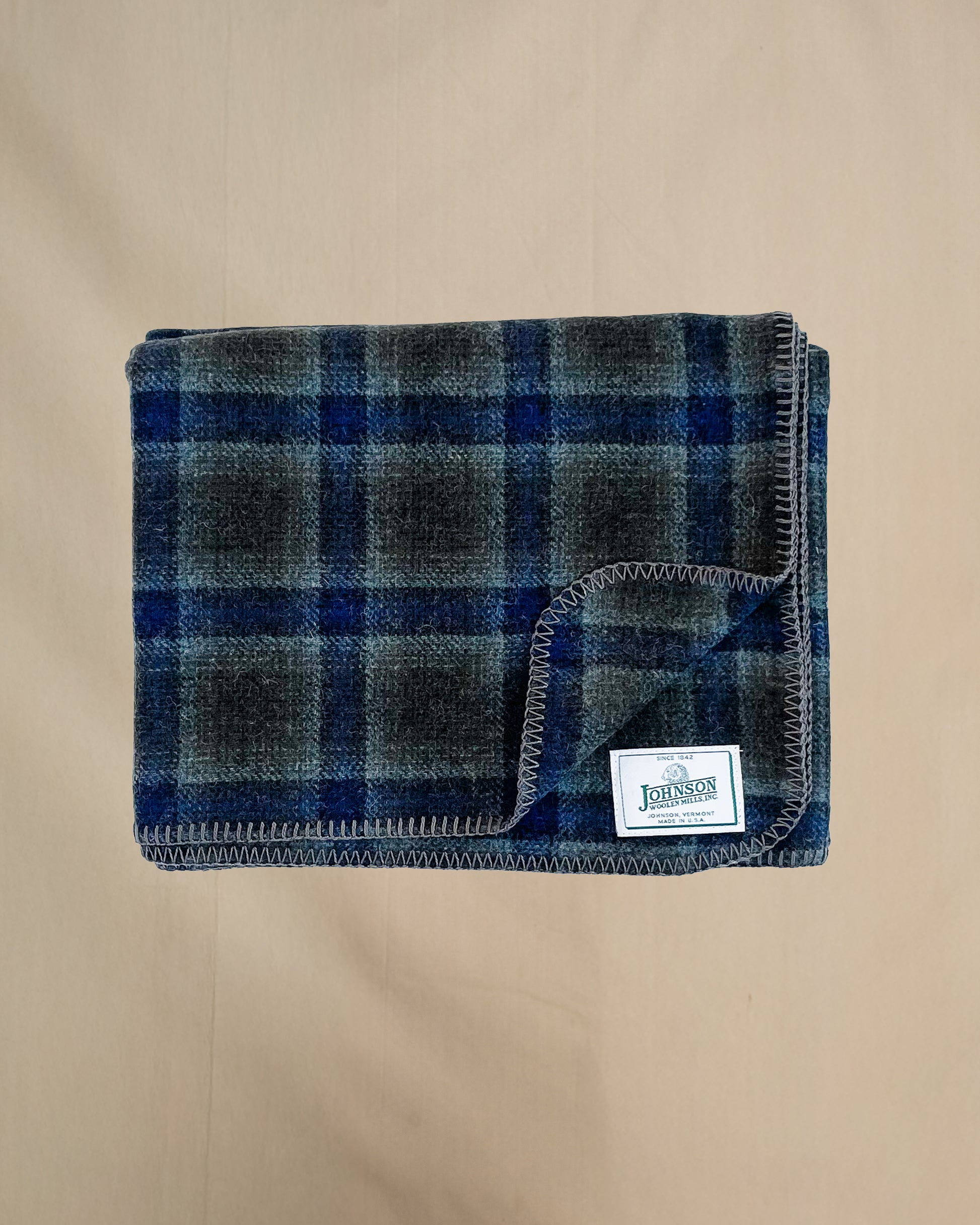 Johnson Woolen Mills Sage Royal Light Blue Windowpane folded blanket front view 