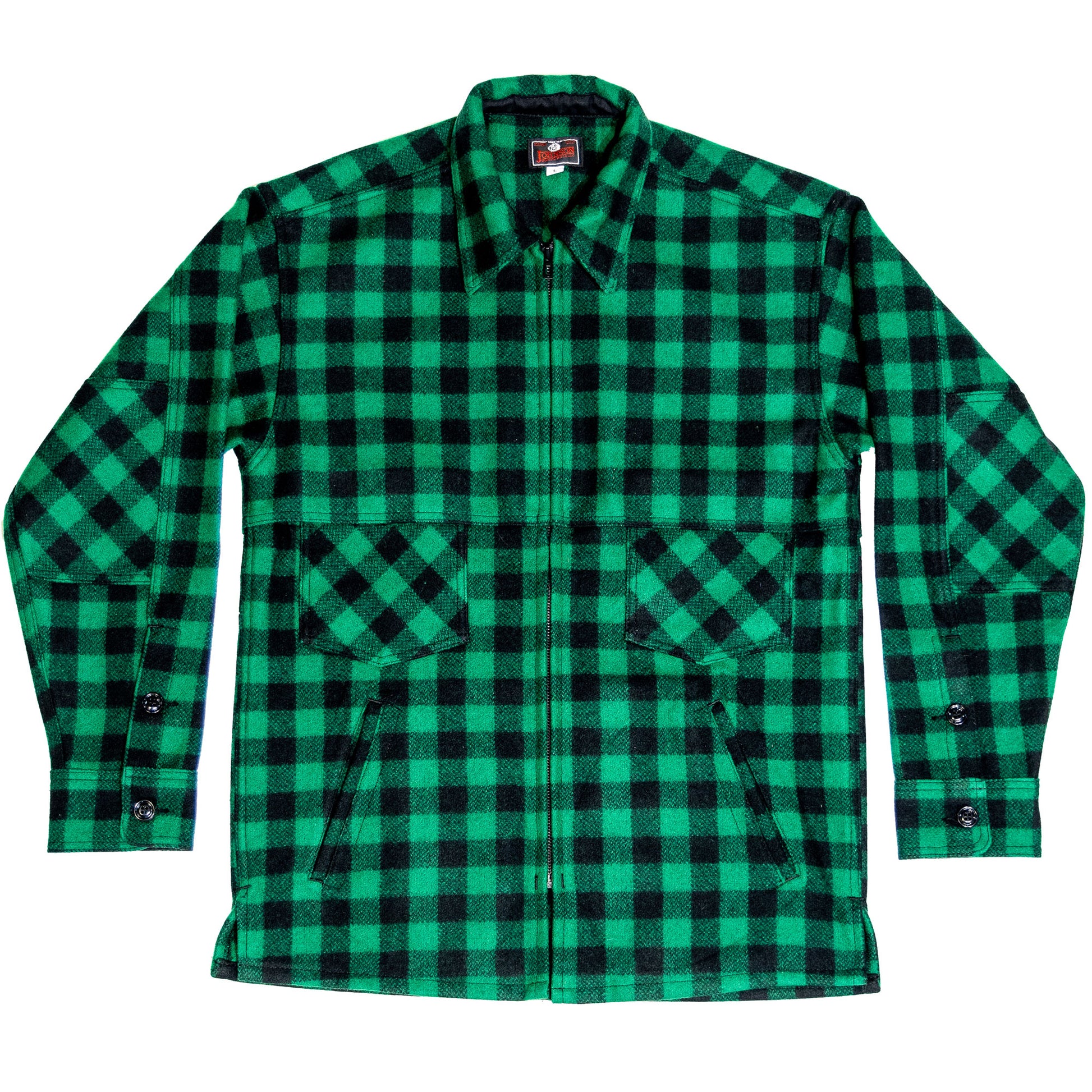 Johnson Woolen Mills northwoods x 1842 green and black buffalo check jac shirt laid flat